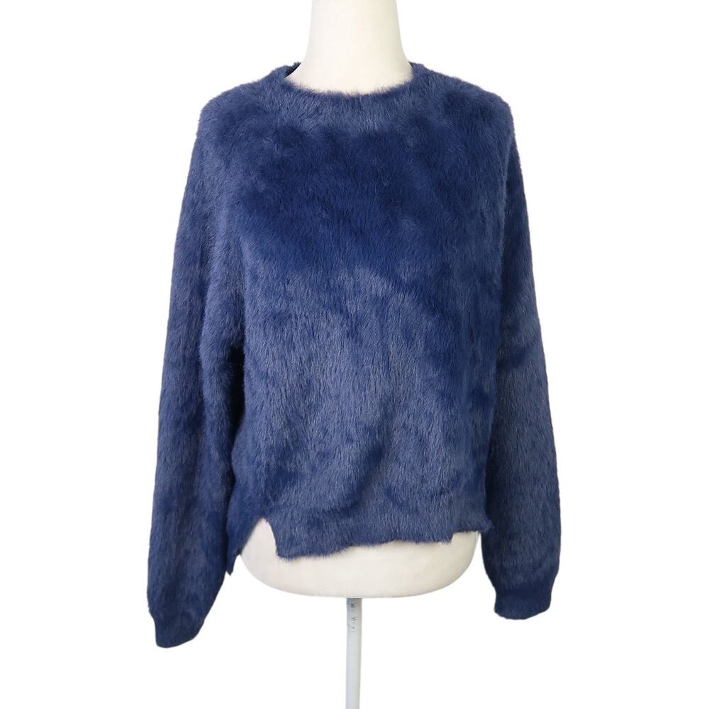 Navy Blue Fuzzy Faux Fur Crewneck Pullover Sweater Large